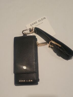 Anne Klein Black Pebbled Leather Credit Card Wristlet with Gold Hardware